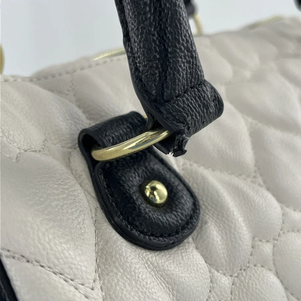 Betsey Johnson Quilted Heart Barrel Satchel Bag Ivory Black Purse Gold Floral